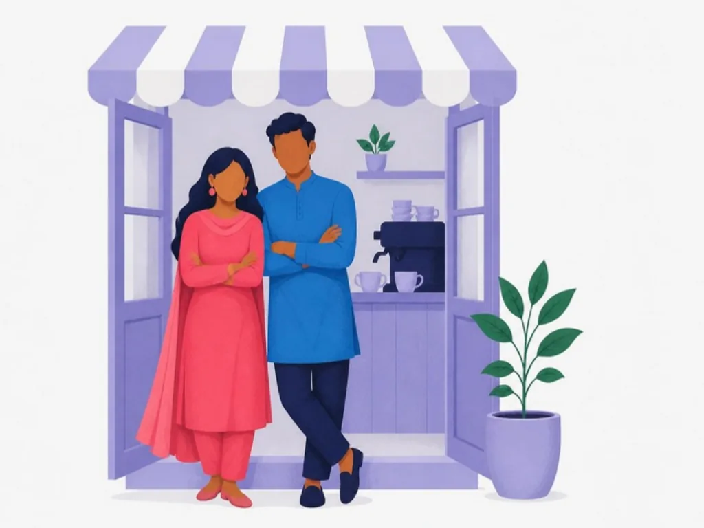 Two friends standing proudly in the doorway of the café they opened together