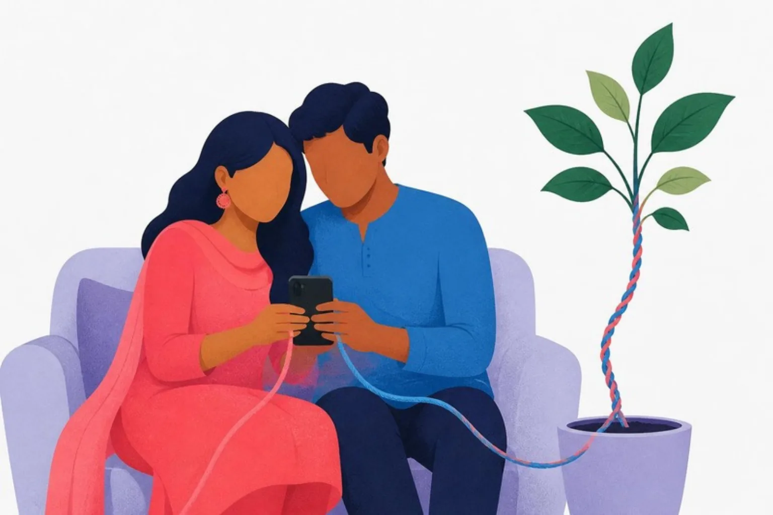 A couple on a sofa looking at a phone together while their two threads twist into one growing plant