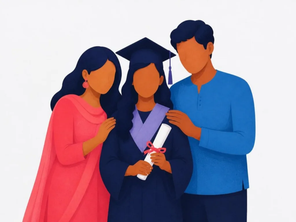 Proud parents standing beside their daughter at her graduation