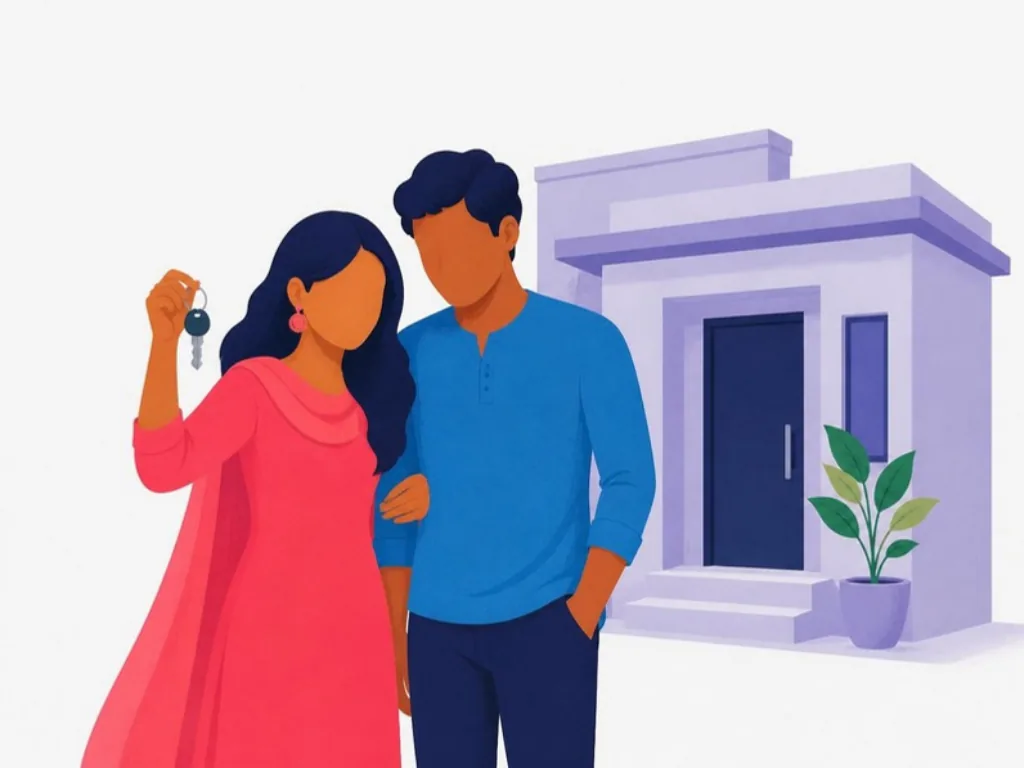 A young couple holding up the keys to their new home