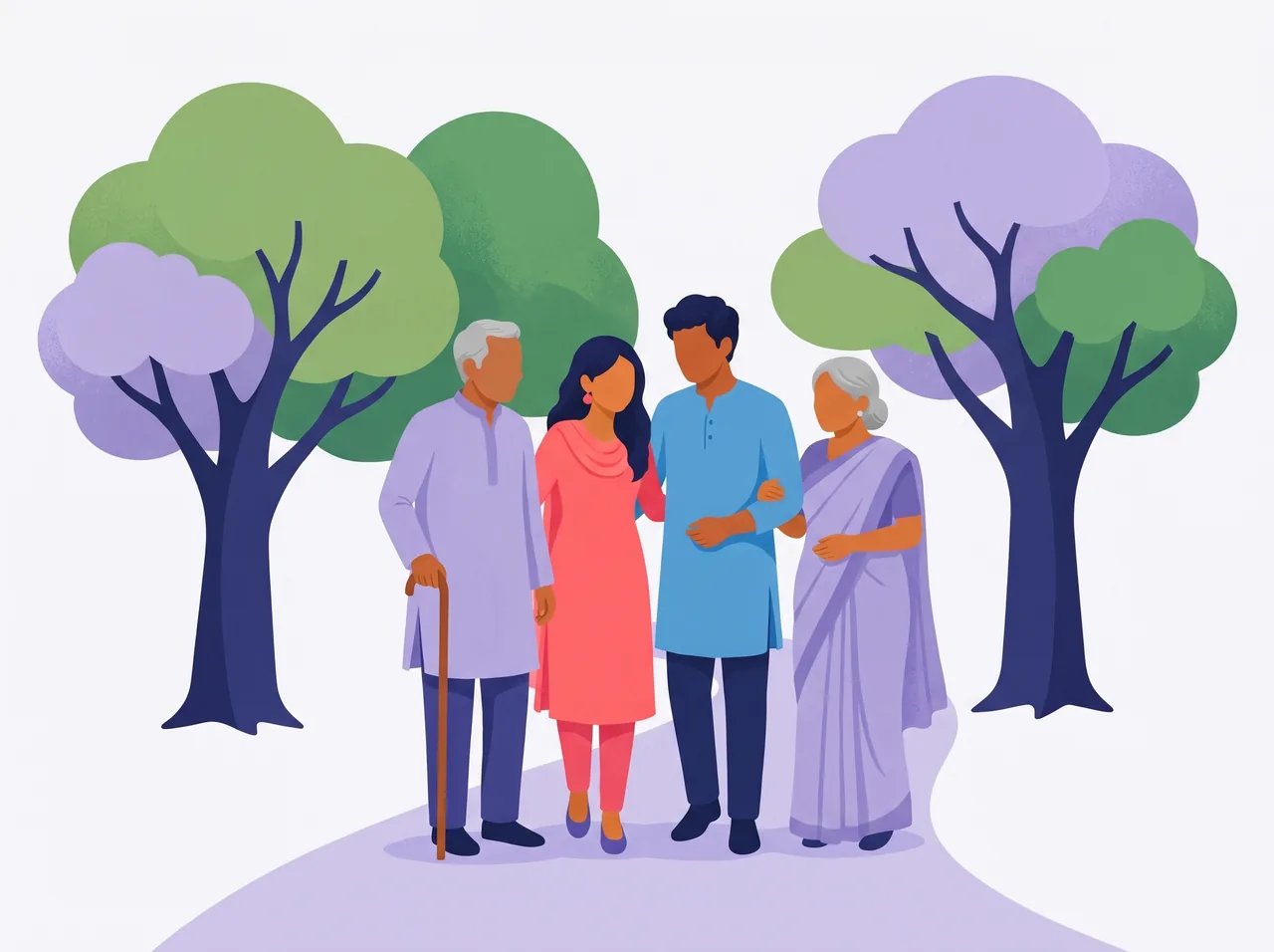 A brother and sister on a walk in the park with their elderly parents