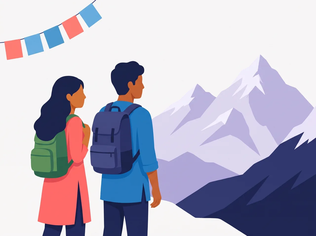 A couple with backpacks looking out at snowy Himalayan peaks