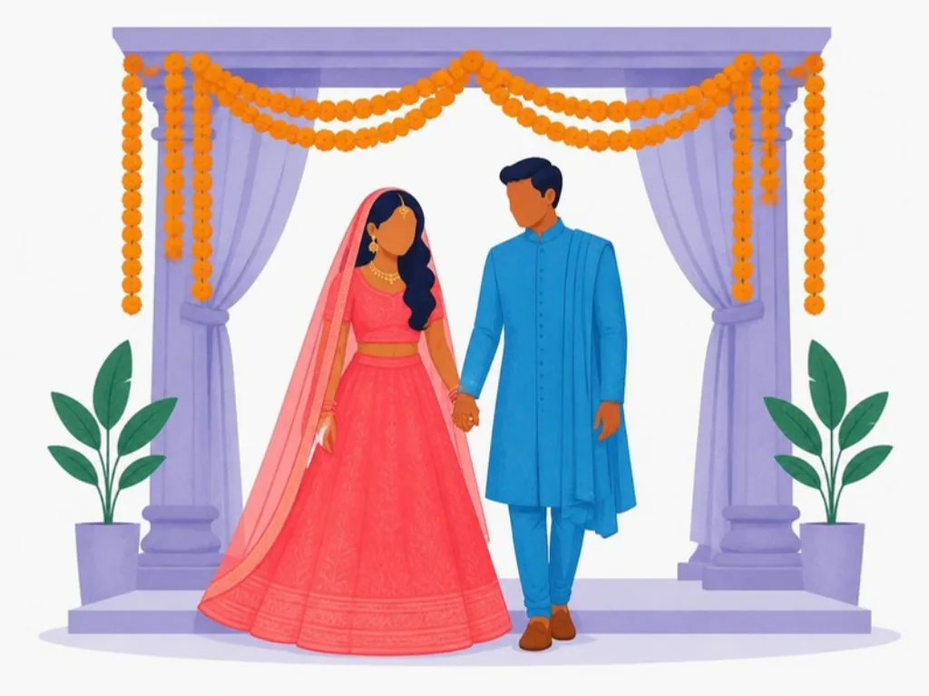 A bride and groom walking hand in hand under a mandap decorated with marigolds